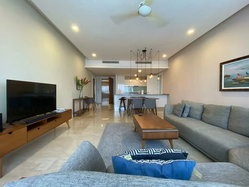 Living features: 3-seater fabric sofa in grey, 2-seater fabric sofa in blue, wood coffee table, TV console, wall-mounted TV, ceiling fan with light, recessed downlights, marble flooring, decorative wall art, area rug, open layout to dining and kitchen area; style: modern. Dining features: 6-seater dining table, wood dining chairs, pendant lighting above table, open layout to living area, bar counter with stools, kitchen visible in background; style: modern. Kitchen features: kitchen island, stainless-steel appliances, white cabinetry, pendant lights, open layout to dining area; style: modern.