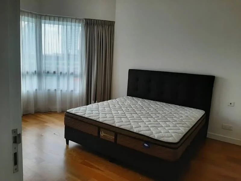 Bedroom features: king-size bed, upholstered headboard in black, wooden flooring, floor-to-ceiling windows, sheer curtains, white painted walls, decorative wall panel, nightstand, light switch, power outlet; style: modern; view: city.