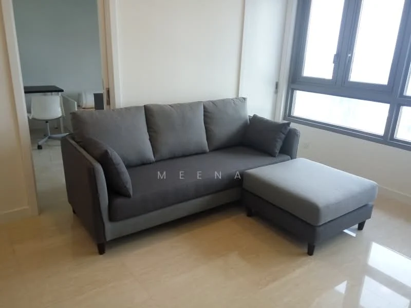 Living features: 3-seater fabric sofa in grey, ottoman in grey, cream marble flooring, floor-to-ceiling windows, natural light, neutral wall colour, minimalist decor; style: modern.