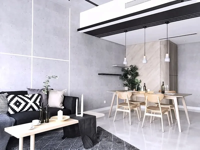 Living features: grey concrete walls, white ceiling with recessed lighting, black fabric sofa with patterned cushions, wooden coffee table, black side table, area rug with geometric pattern, dining table with wooden chairs, pendant lighting above dining table, decorative plants, shelves on wall; style: modern.