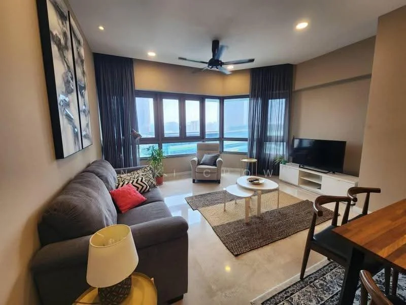 Living features: 3-seater fabric sofa in grey, red accent cushion, coffee table, area rug with geometric pattern, wall-mounted TV, TV console, floor-to-ceiling windows, ceiling fan with light, decorative wall art, wooden dining table, 4 dining chairs, lampshade table lamp; style: modern; view: city.