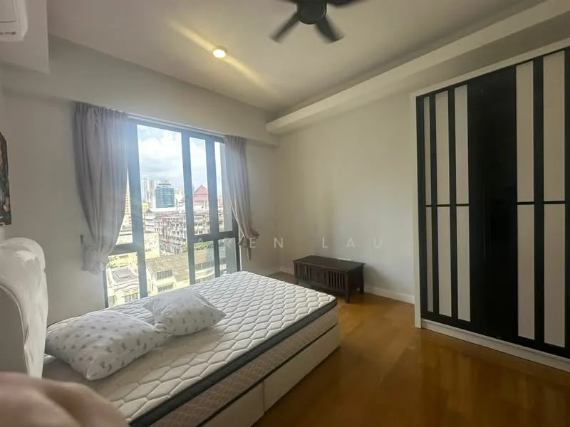 Bedroom features: queen-size bed, upholstered headboard, bedside lamps, floor-to-ceiling windows, wooden flooring, ceiling fan, built-in wardrobe with sliding doors, decorative wall art; style: modern; view: city.