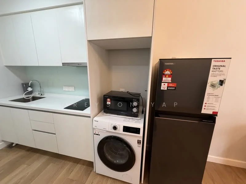 Kitchen features: white cabinetry, single-bowl stainless-steel sink, chrome pull-down faucet, built-in microwave, freestanding washing machine, stainless-steel fridge, light wood flooring, countertop with storage below; style: modern.