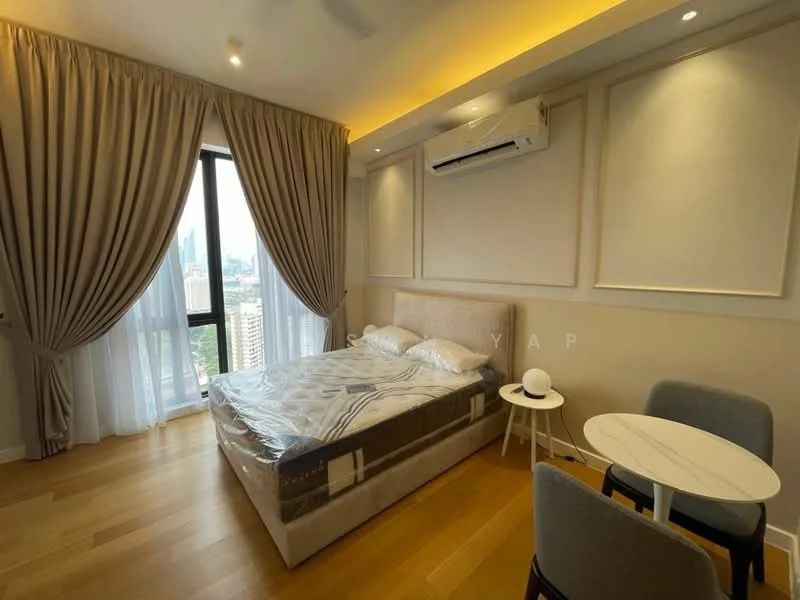 Bedroom features: queen-size bed with mattress protector, upholstered headboard, floor-to-ceiling window, city view, light wood flooring, recessed downlights, wall-mounted split AC, curtains, small round dining table, two upholstered chairs; style: modern; view: city.