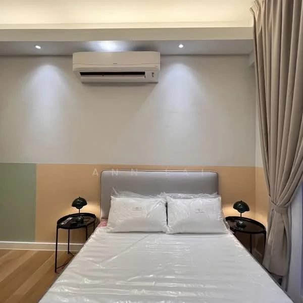 Bedroom features: queen-size bed with white bedding, upholstered headboard, 2 bedside tables with green lamps, wall-mounted air conditioning unit, light wood flooring, painted walls in light grey and beige, recessed downlights, curtains in light fabric; style: modern.