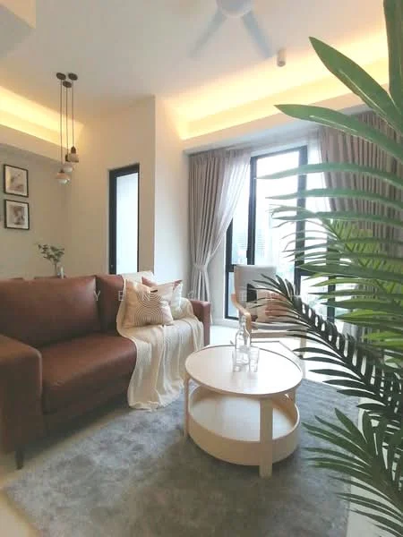 Living features: 3-seater fabric sofa in brown, decorative throw pillows, round coffee table with light wood finish, area rug in grey, floor-to-ceiling windows, sheer curtains, ceiling fan, indirect lighting, potted plant, framed artwork on walls; style: modern.
