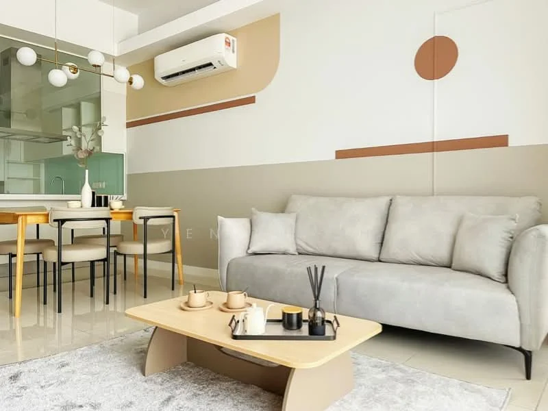 Living features: grey fabric sofa, wood coffee table, dining table with four chairs, wall-mounted split AC, glossy tile flooring, decorative wall art with geometric patterns, vase with flowers on the table, decorative items on the coffee table; style: modern.