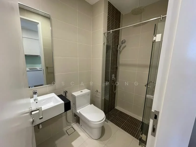Bathroom features: white tiled walls, dark brown accent wall, glass shower enclosure, rain shower head, handheld shower, single-sink vanity with white cabinet, chrome basin mixer, one-piece toilet, mirror above sink, tile flooring, recessed lighting; style: modern.