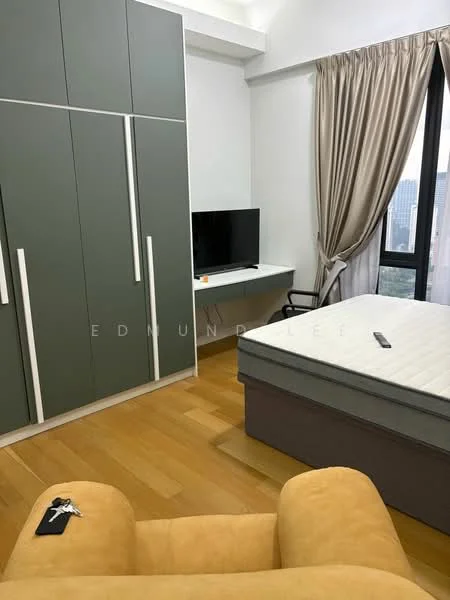 Bedroom features: queen-size bed, upholstered headboard, built-in wardrobe with grey cabinetry, wall-mounted TV, study desk, office chair, floor-to-ceiling window, curtains, wooden flooring; style: modern; view: city.