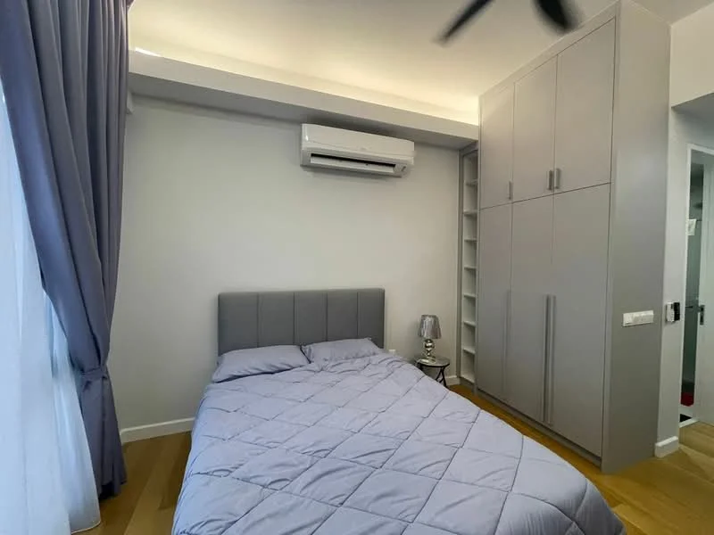 Bedroom features: queen-size bed with grey upholstered headboard, light purple bedding, 1 bedside lamp, built-in wardrobe with grey cabinet doors, shelving unit beside wardrobe, wall-mounted split AC unit, floor-to-ceiling window with sheer curtains, wooden flooring, recessed ceiling lights; style: modern.