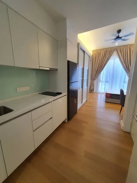Kitchen features: white cabinetry, light wood flooring, stainless-steel sink, chrome faucet, built-in refrigerator, white countertop, green backsplash, recessed downlights; style: modern. Living features: floor-to-ceiling windows, curtains, ceiling fan, light wood flooring; style: modern.