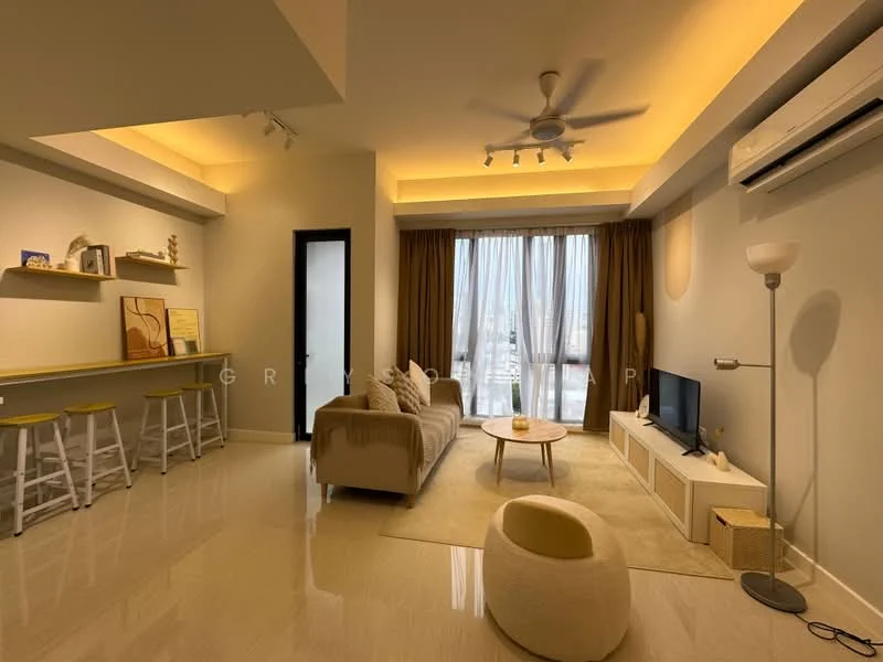 Living features: cream painted walls, polished tile flooring, tray ceiling with recessed lighting, 5-blade ceiling fan with light, floor-to-ceiling windows, sheer curtains, brown curtain drapes, light-colored fabric sofa, coffee table, TV console, wall-mounted TV, decorative floor lamp, area rug, open shelving unit, bar stools; style: modern; view: city.