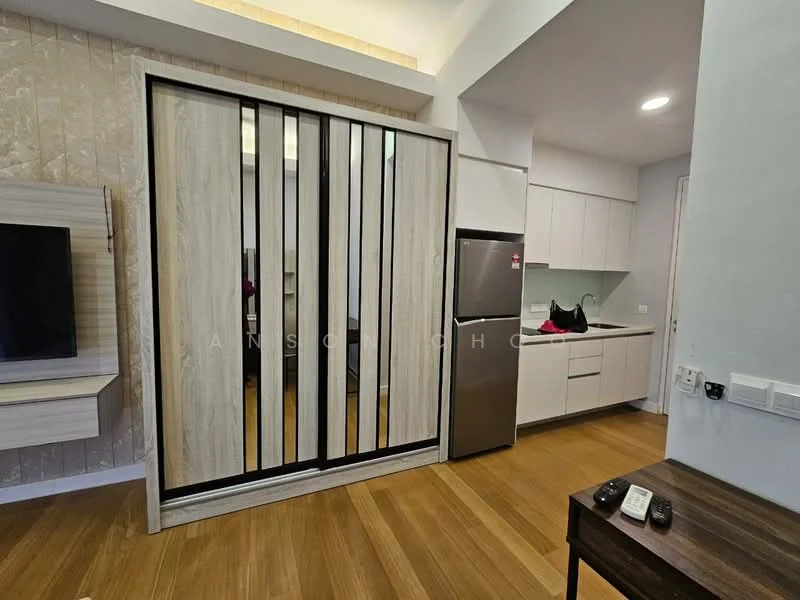 Room features: wooden flooring, white painted walls, sliding wardrobe with wooden panels, stainless-steel fridge, built-in kitchen cabinets, countertop, wall-mounted TV, recessed lighting; style: modern.