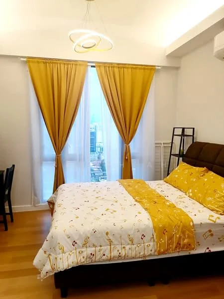 Bedroom features: queen-size bed with yellow and white bedding, upholstered headboard, floor-to-ceiling windows, yellow curtains, sheer white curtains, wooden flooring, ceiling light fixture, air conditioning unit, black metal shelving unit, small dining table with chairs; style: modern; view: city.