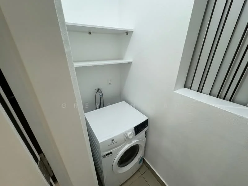 Laundry features: white front-load washing machine, shelf above washer, white painted walls, tile flooring, window with horizontal slats.