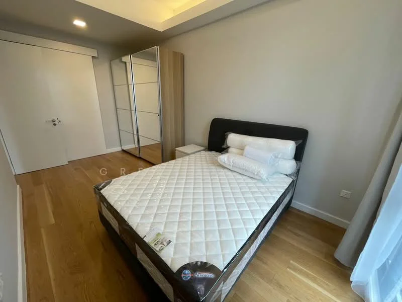 Bedroom features: queen-size bed with black upholstered headboard, white quilted mattress, light wood flooring, built-in wardrobe with sliding doors, white bedside table, plain white walls, recessed ceiling lights, floor-to-ceiling window with sheer curtains; style: modern.