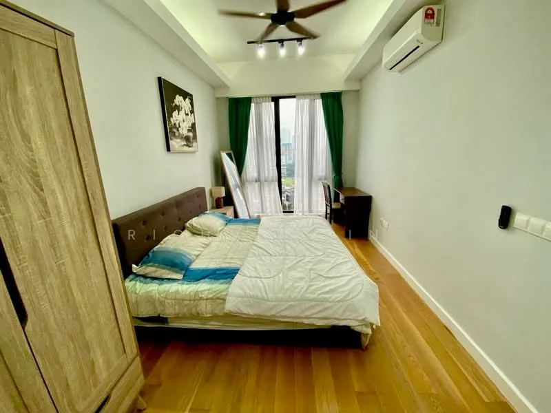 Bedroom features: king-size bed, upholstered headboard, white bedding, wooden flooring, 5-blade ceiling fan, wall-mounted split AC, floor-to-ceiling windows, green curtains, wooden wardrobe, study desk, chair, decorative artwork on wall; style: modern; view: city.