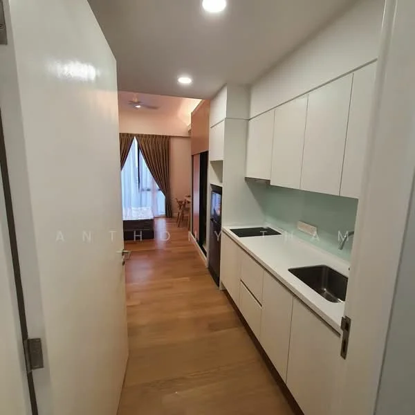 Kitchen features: white cabinetry, light wood flooring, double-bowl stainless-steel sink, chrome pull-down faucet, white quartz countertop, glass backsplash, built-in oven, refrigerator, recessed downlights, wall-mounted split AC; style: modern. Room features: floor-to-ceiling windows, curtains, light wood flooring.