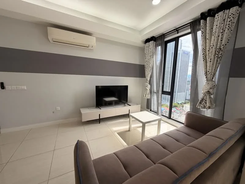 Living features: grey accent wall, white painted walls, tile flooring, 5-blade ceiling fan with light, floor-to-ceiling windows, sheer curtains, wall-mounted TV, light-colored coffee table, beige fabric sofa, air conditioning unit; style: modern; view: city.