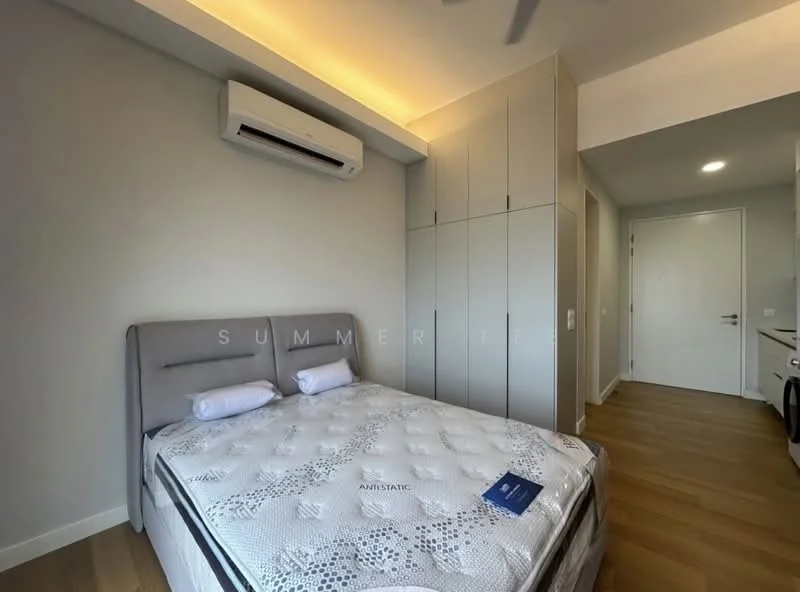 Bedroom features: queen-size bed, upholstered headboard, 2 white pillows, built-in wardrobe with sliding doors, wooden flooring, wall-mounted split AC, recessed ceiling lighting, neutral painted walls, door leading to hallway; style: modern.