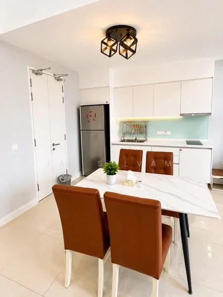 Kitchen features: white cabinetry, marble dining table, brown upholstered dining chairs, stainless-steel fridge, glass backsplash, built-in oven, induction cooktop, recessed lighting, pendant light fixture, cream tile flooring; style: modern.