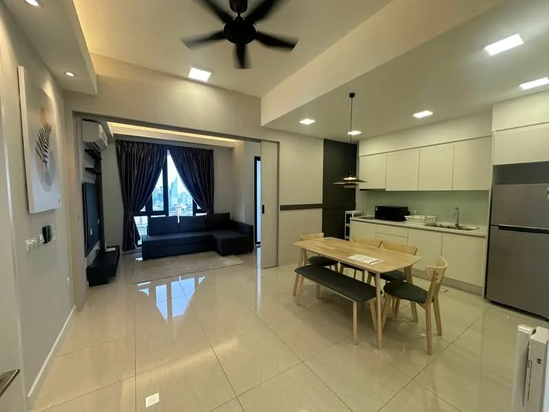 Living features: grey fabric sofa, dining table with 4 chairs, white cabinetry, stainless-steel fridge, built-in oven, microwave, single-bowl stainless-steel sink, chrome pull-down faucet, pendant light, recessed downlights, floor-to-ceiling windows, sliding glass door, curtains, tile flooring, ceiling fan; style: modern; view: city.