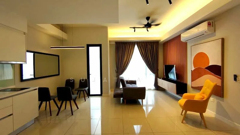 Living features: sofa in brown leather, 3-seater sofa, coffee table, TV console, wall-mounted TV, area rug, floor-to-ceiling windows, curtains in brown, ceiling fan with light, recessed LED downlights, decorative wall art, tile flooring, wall-mounted air conditioning unit; style: modern. Kitchen features: white cabinetry, stainless-steel sink, chrome pull-down faucet, countertop with breakfast bar, built-in oven, microwave, ceramic tile backsplash, open shelving; style: modern.