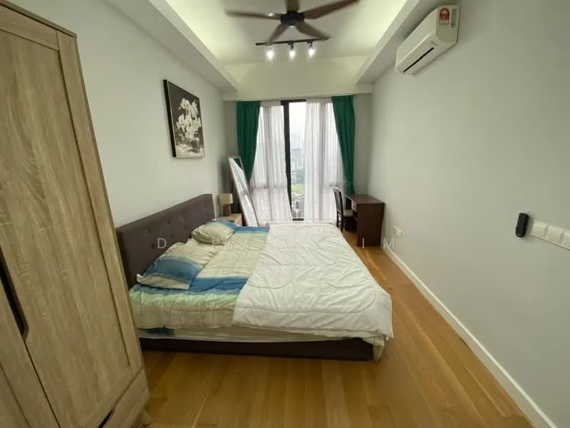 Bedroom features: king-size bed with white bedding, upholstered headboard, wooden flooring, 5-blade ceiling fan, floor-to-ceiling windows with green curtains, desk with chair, air conditioning unit, wooden wardrobe, decorative artwork on wall; style: modern; view: city.