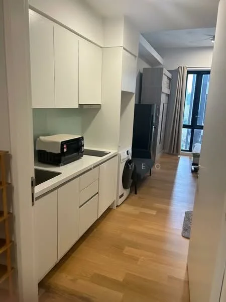 Kitchen features: white cabinetry, black countertop, built-in microwave, fridge, single-bowl stainless-steel sink, chrome pull-down faucet, wooden flooring, recessed downlights; style: modern. Room features: sofa, TV console, floor-to-ceiling windows, curtains.