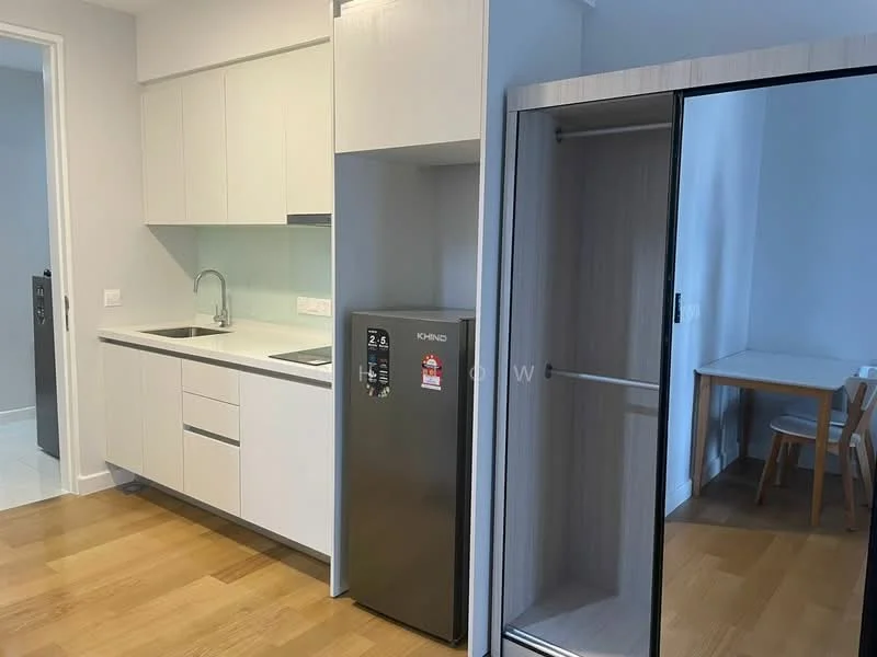 Kitchen features: white cabinetry, stainless-steel fridge, single-bowl stainless-steel sink, chrome pull-down faucet, white countertop, built-in oven, ceramic tile flooring, recessed downlights, open shelving, dining table with chairs; style: modern. Room features: wooden flooring, window, light-colored walls.