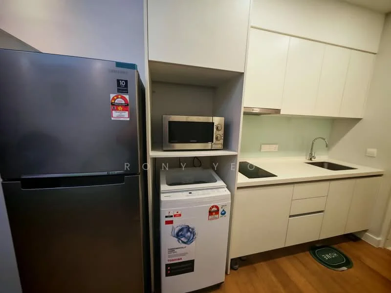 Kitchen features: stainless-steel fridge, built-in microwave, single-bowl stainless-steel sink, chrome pull-down faucet, white cabinetry, light green backsplash, wooden flooring, countertop with storage below; style: modern.