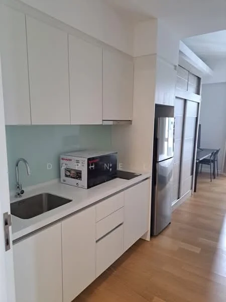 Kitchen features: white cabinetry, stainless-steel sink, chrome pull-down faucet, white countertop, built-in microwave, stainless-steel fridge, light wood flooring, glass backsplash; style: modern.