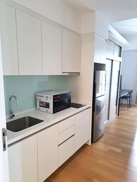 Kitchen features: white cabinetry, stainless-steel sink, chrome pull-down faucet, white countertop, built-in microwave, stainless-steel fridge, light wood flooring, glass backsplash; style: modern.