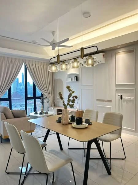 Dining features: rectangular wooden dining table, 4 white upholstered dining chairs, modern pendant light fixture with glass globes, floor-to-ceiling windows, curtains in light fabric, white painted walls, recessed ceiling lights, air conditioning unit, decorative vase with dried flowers, ceramic plates and cups on the table, neutral-colored area rug; style: modern; view: city. Living features: beige fabric sofa, decorative throw pillows, coffee table, wall-mounted TV, light-colored accent wall; style: modern; view: city.