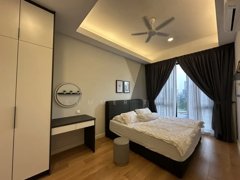 Bedroom features: queen-size bed with white bedding, upholstered headboard, 2 bedside tables, ceiling fan with light, floor-to-ceiling windows, sheer curtains, dark grey curtains, wooden flooring, built-in wardrobe with white and black cabinetry, study desk with round mirror; style: modern; view: city.
