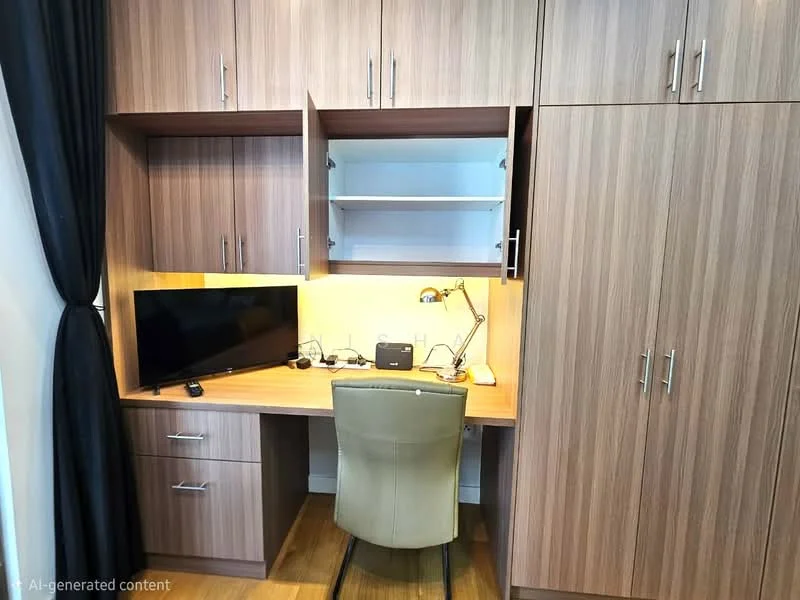 Study features: wooden cabinetry, built-in desk, monitor on desk, desk lamp, ergonomic chair, shelves above desk, drawer unit, laminate flooring, neutral wall color, curtains, power outlets; style: modern.