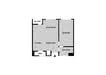 Floor plan: 1-bedroom 1-bathroom unit; features: open-plan kitchen-dining-living, master bedroom with ensuite bathroom, utility room, central foyer.
