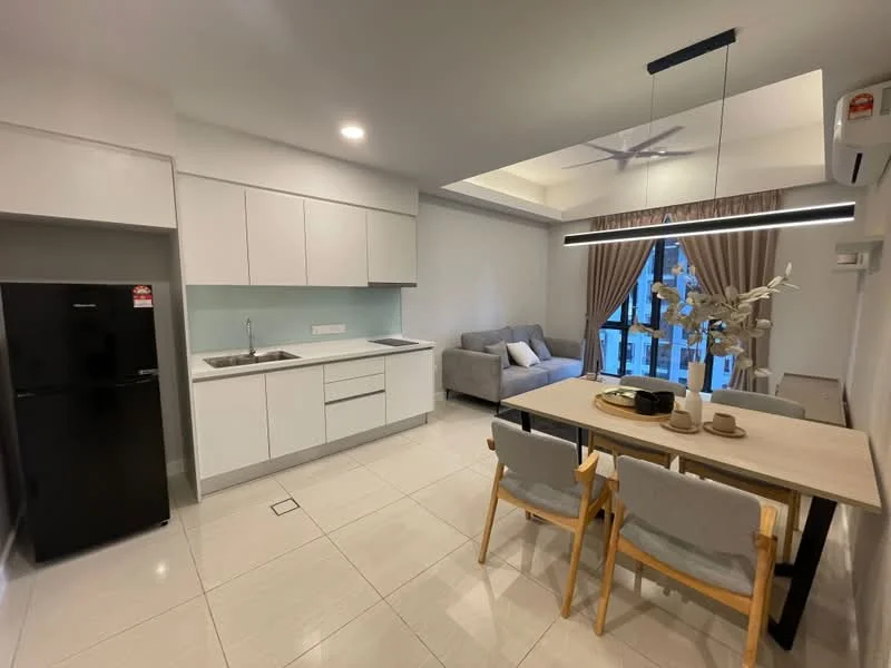 Kitchen features: white cabinetry, stainless-steel sink, chrome pull-down faucet, white quartz countertop, black fridge, ceramic tile flooring, recessed downlights, open shelving, wall-mounted split AC; style: modern. Dining features: 6-seater dining table, wooden dining chairs, decorative vase on table, ceramic tableware, pendant lighting, curtains, floor-to-ceiling windows, sofa in living area; style: modern; view: city.