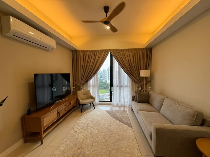 Living features: 3-seater fabric sofa in light grey, wooden coffee table, TV console with storage, wall-mounted TV, floor-to-ceiling windows, sheer curtains, blackout curtains, 5-blade ceiling fan with light, recessed lighting, cream painted walls, tile flooring, area rug with geometric pattern, decorative plant in pot; style: modern; view: city.