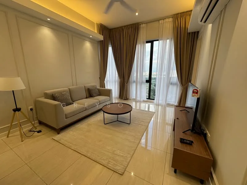 Living features: 3-seater fabric sofa in light beige, round coffee table with black metal legs, area rug with neutral color, floor-to-ceiling windows, sheer curtains, wall-mounted TV, wooden TV console, recessed downlights, marble tile flooring, ceiling fan; style: modern; view: city.