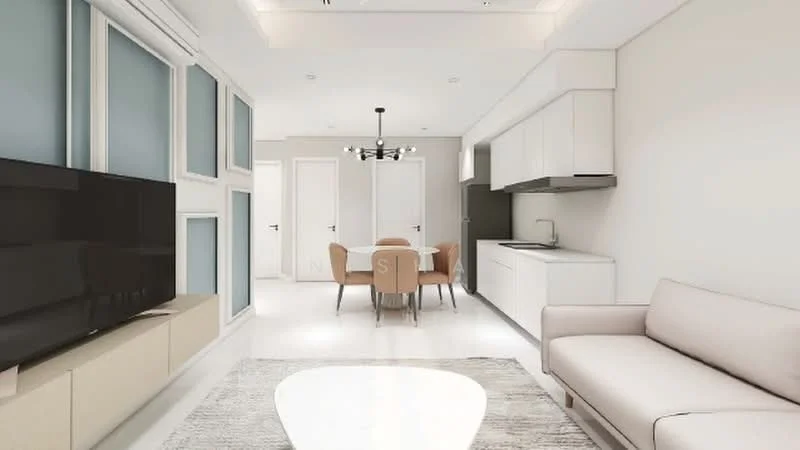 Living features: light-coloured walls, white ceiling with recessed lighting, 3-seater fabric sofa in light beige, coffee table with rounded edges, TV console with storage, wall-mounted TV, area rug with neutral tones, dining area with 4 upholstered chairs, dining table with a light wood finish, kitchen cabinetry in white, stainless-steel sink, built-in kitchen appliances; style: modern.