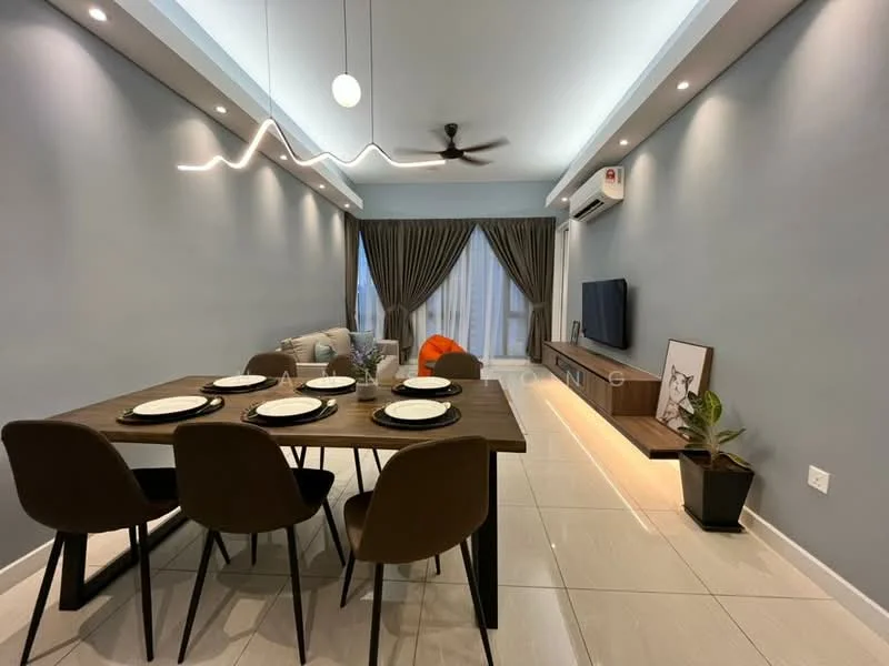 Dining features: 6-seater dining table, brown upholstered dining chairs, pendant light fixture, recessed downlights, grey painted walls, white ceiling, floor-to-ceiling windows with sheer curtains, wall-mounted TV, light wood TV console, decorative plant in pot, sofa in light fabric, orange accent chair; style: modern.