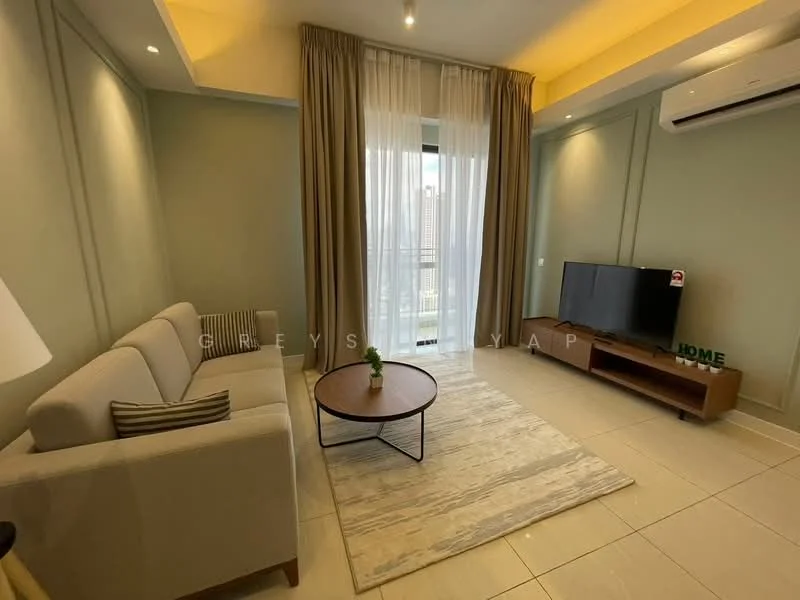 Living features: light green painted walls, white ceiling with recessed lighting, 3-seater fabric sofa in light grey, round coffee table with wooden top, area rug with neutral tones, floor-to-ceiling windows with sheer curtains, wall-mounted TV console, 1 wall-mounted split AC; style: modern; view: city.