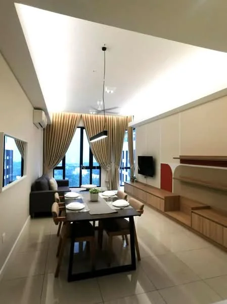 Dining features: 6-seater dining table, wooden dining chairs, pendant light fixture, recessed LED downlights, floor-to-ceiling windows, sheer curtains, cream painted walls, tile flooring, wall-mounted TV, built-in shelving unit, sofa in grey fabric; style: modern; view: city.