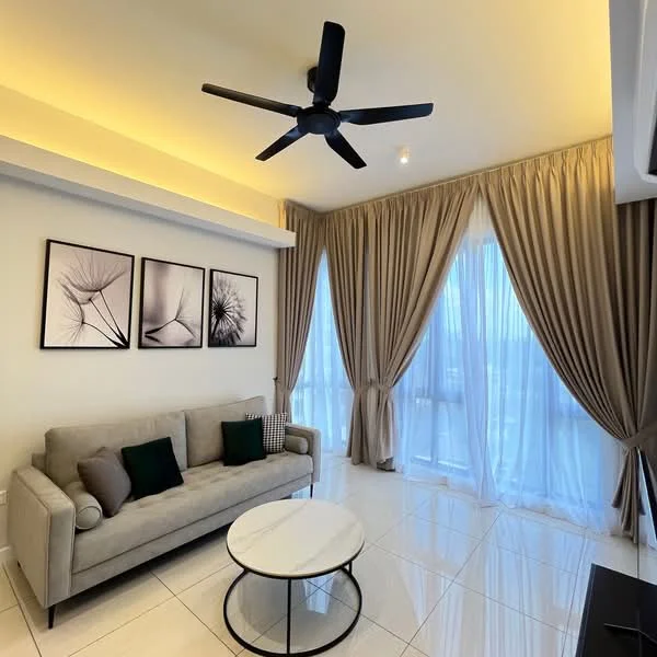 Living features: 3-seater fabric sofa in beige, black ceiling fan with light, round coffee table with white top, floor-to-ceiling windows, sheer curtains, heavy drapes in beige, framed artwork with botanical prints, glossy tile flooring in white; style: modern; view: city.