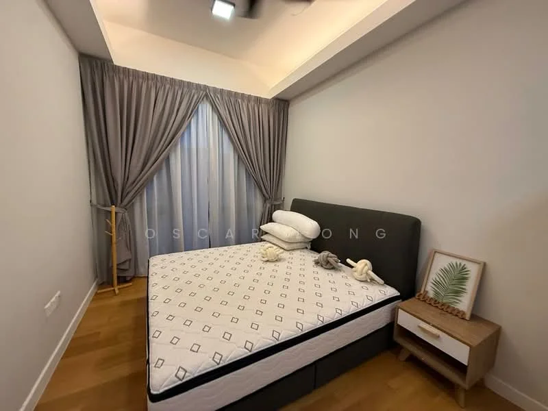 Bedroom features: queen-size bed, upholstered headboard, wooden bedside table, white bedding with geometric pattern, floor-to-ceiling windows, sheer curtains, dark grey curtains, wooden flooring, decorative wall art with plant motif, soft toys on bed; style: modern.