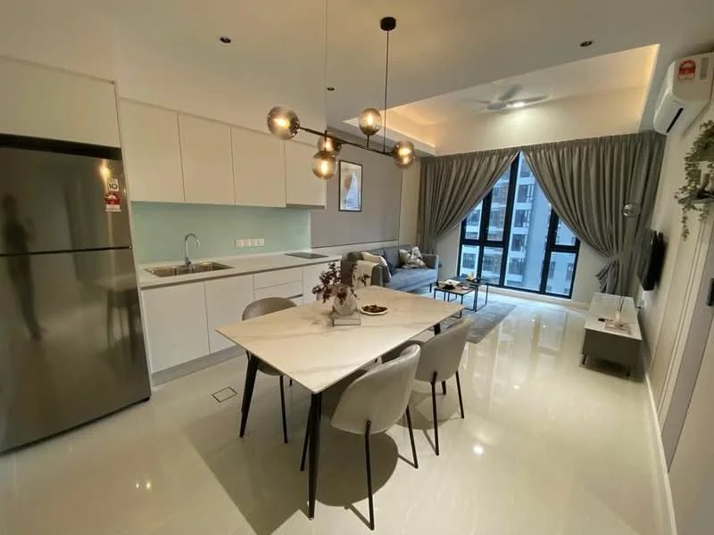 Living features: white painted walls, glossy tile flooring, recessed downlights, 5-blade ceiling fan, floor-to-ceiling windows, grey fabric sofa, coffee table, TV console, decorative wall art, curtains, dining table with 6 chairs, kitchen island, stainless-steel fridge, single-bowl stainless-steel sink, chrome pull-down faucet; style: modern; view: city.
