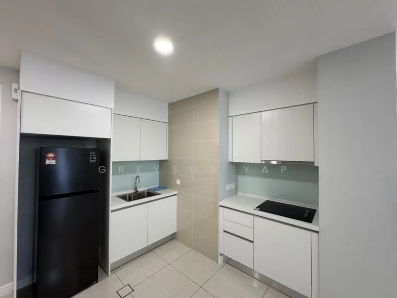 Kitchen features: white flat-panel cabinets, black fridge, single-bowl stainless-steel sink, chrome pull-down faucet, ceramic tile backsplash, built-in induction hob, white countertop, tile flooring, recessed downlights; style: modern.