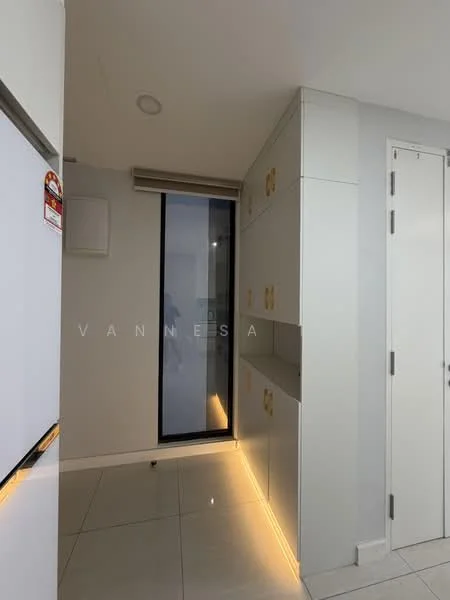 Room features: white cabinetry, built-in storage, sliding glass door, tile flooring, recessed lighting, light strip under cabinetry, air conditioning unit, neutral wall color; style: modern.
