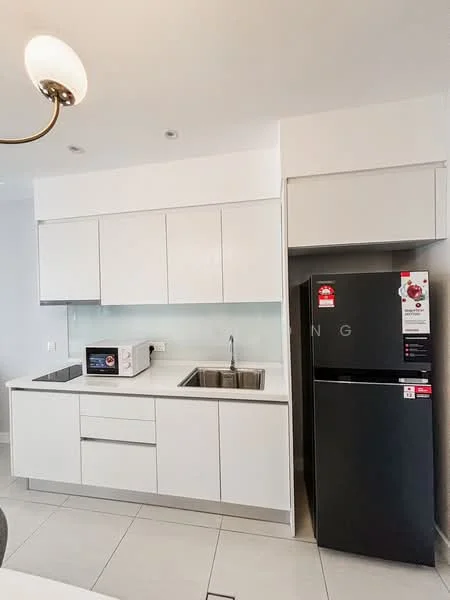 Kitchen features: white cabinetry, stainless-steel sink, chrome pull-down faucet, white countertop, built-in microwave, black fridge, ceramic tile flooring, recessed downlights, glass backsplash, kitchen island, integrated appliances; style: modern.